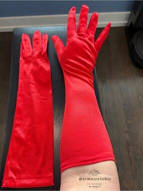 RED SATIN GLOVES | mid-length below elbow | Women’s Size Medium